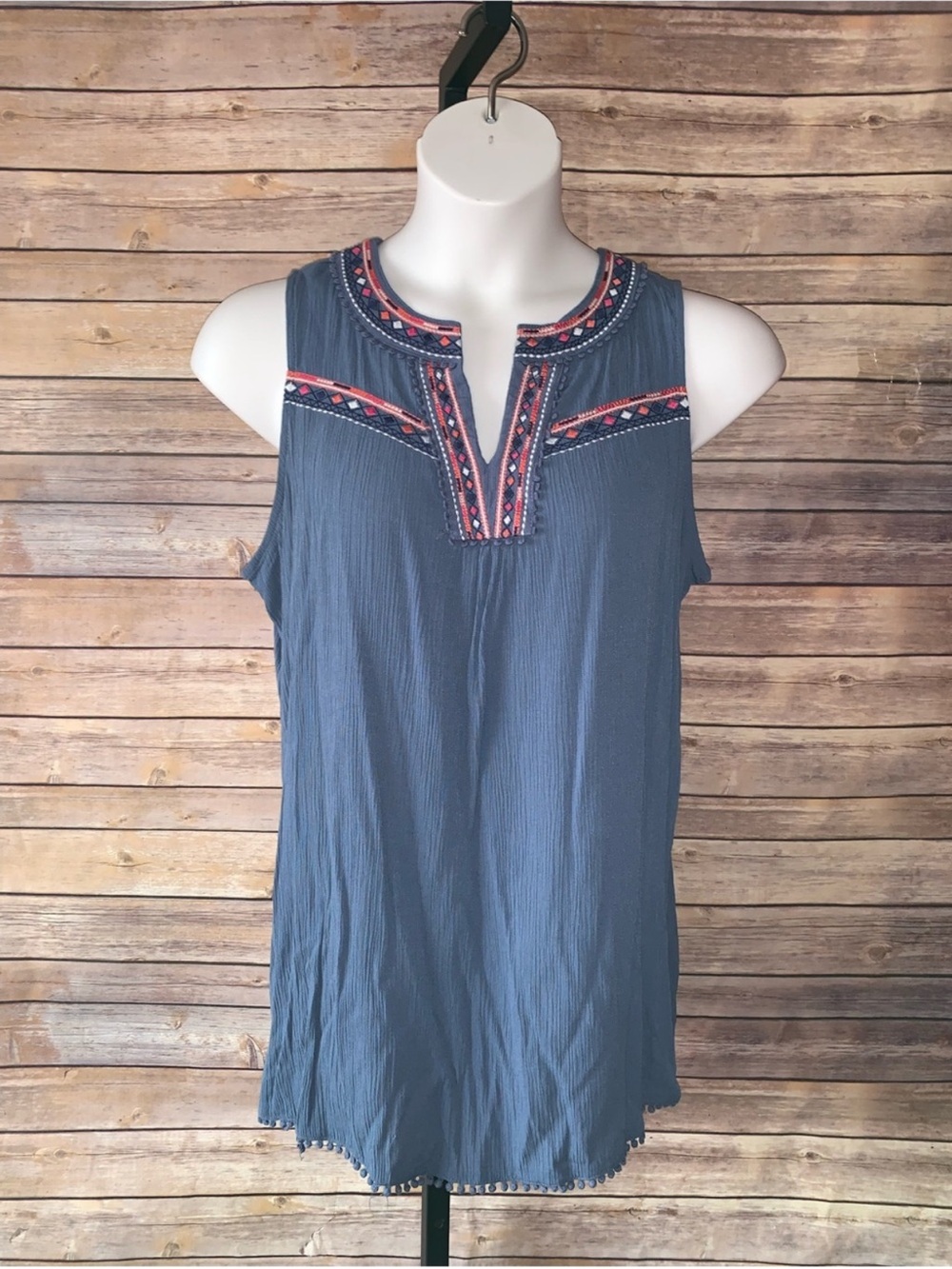 Sleeveless Embroidered Navy Blue Tunic Top